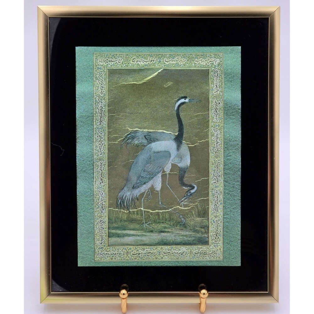 Framed Reproduction "Two Cranes" on Foil in Gold w/Green Border